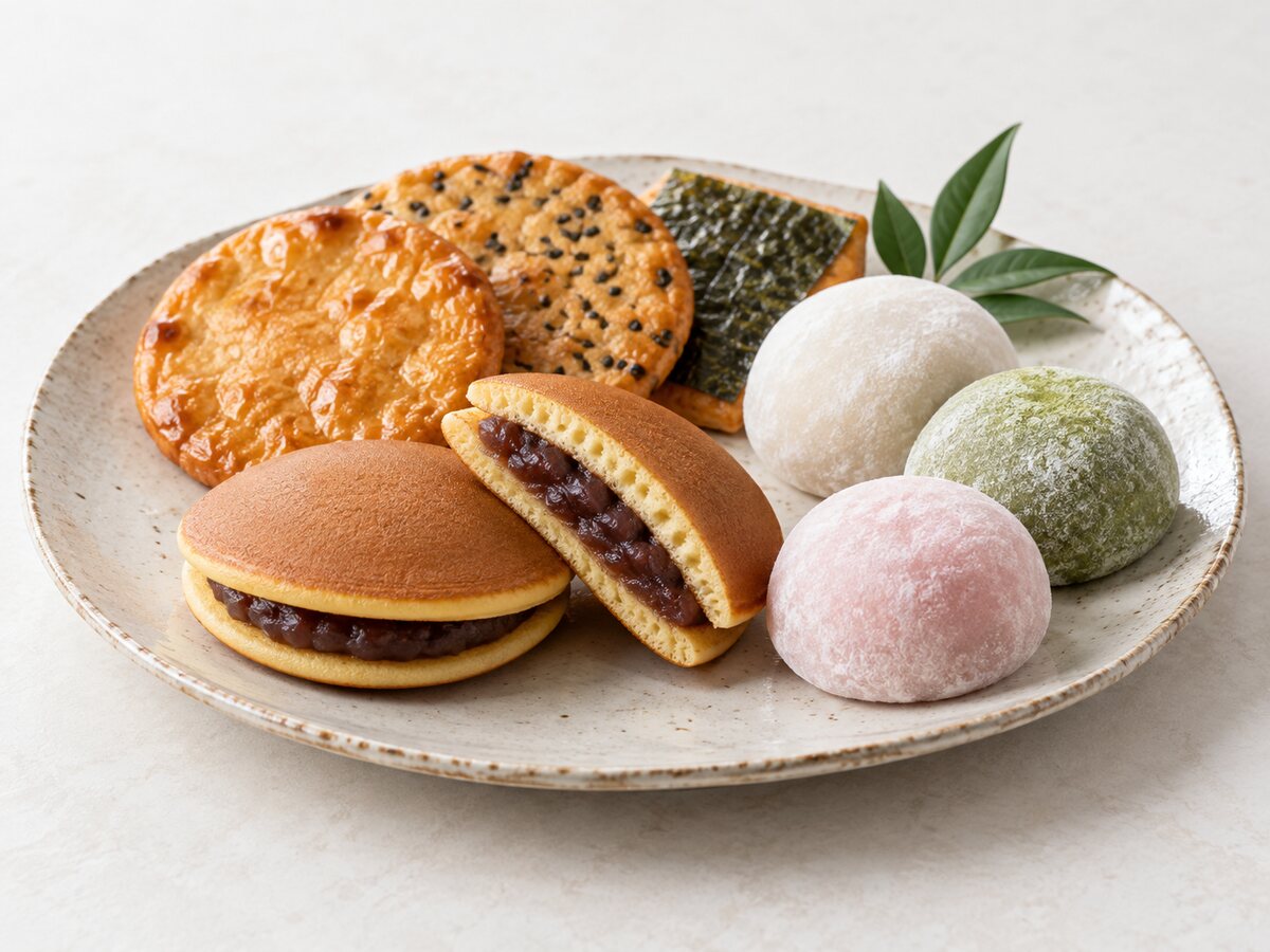 Illustrative snack and sweet selection: rice crackers, dorayaki and mochi